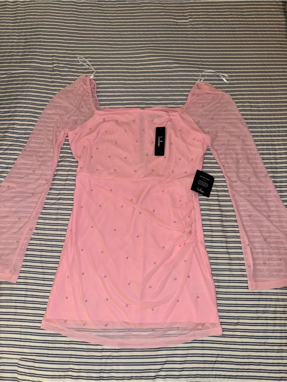 Lulu's Flirty Luxury Light Pink Mesh Pearl Long Sleeve Mini Dress